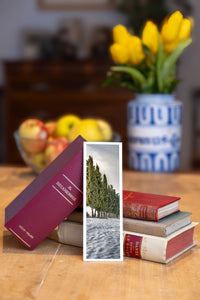 Arctic Glow fine art bookmark beside a stack of vintage books
