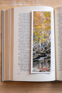 Autumn at Dardagna fine art bookmark resting in an open book, close-up