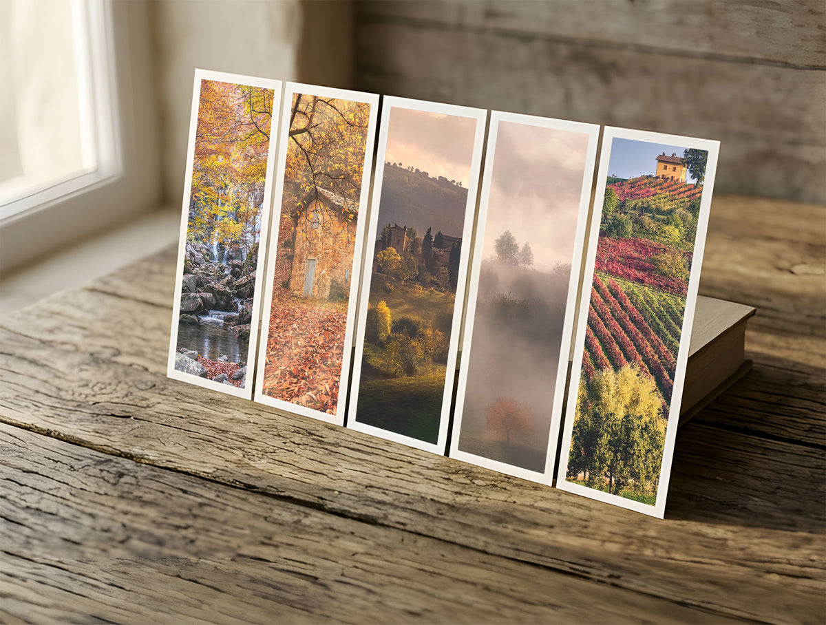 Five Autumn fine art bookmarks in a row in soft window light