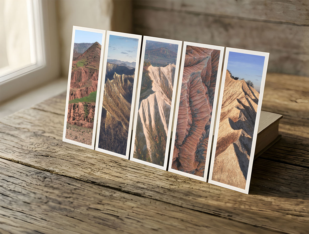 Five Carved Earth fine art bookmarks in a row in soft window light