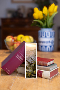 Chefchaouen fine art bookmark beside a stack of vintage books