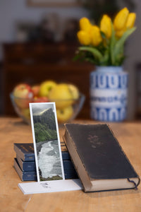 Cliff Waves fine art bookmark styled with a dark book and fresh fruit