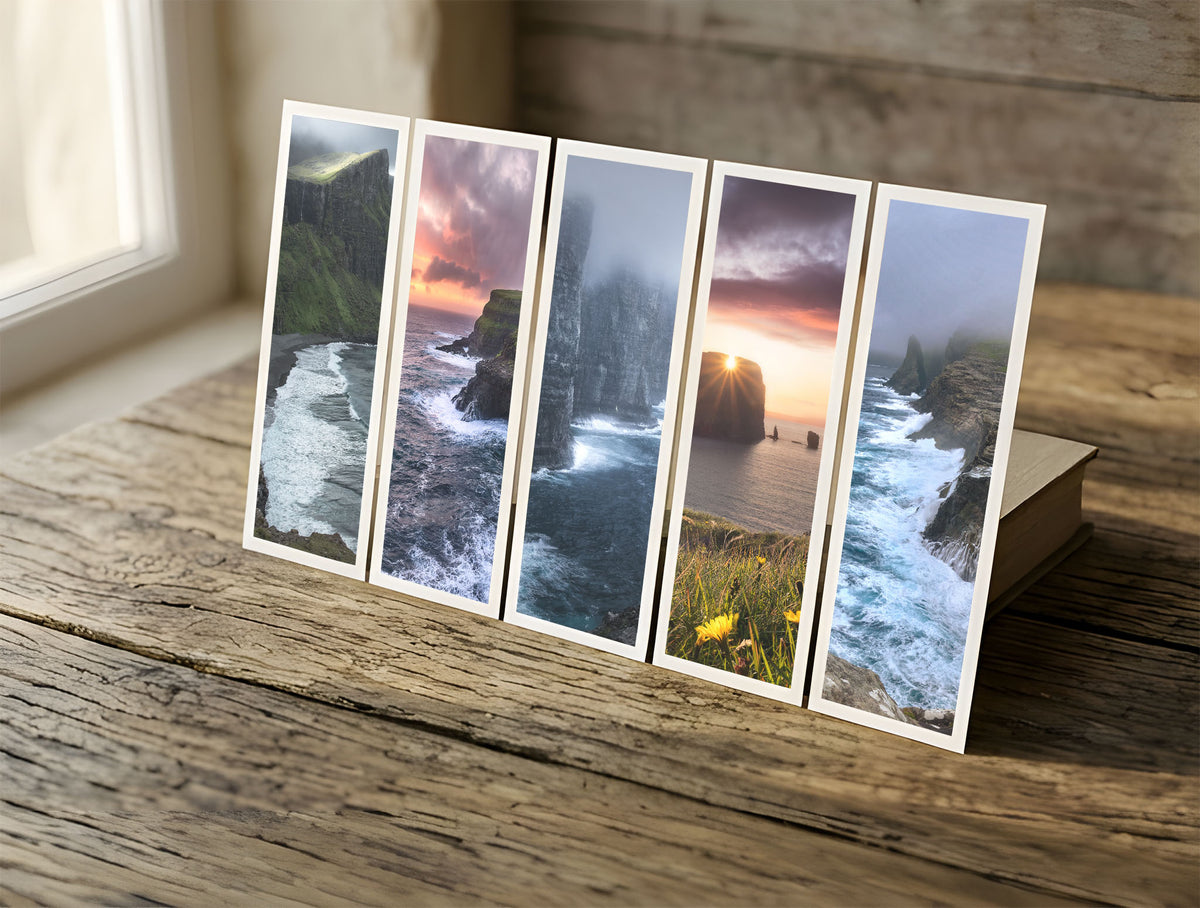 Five Cliffs fine art bookmarks in a row in soft window light