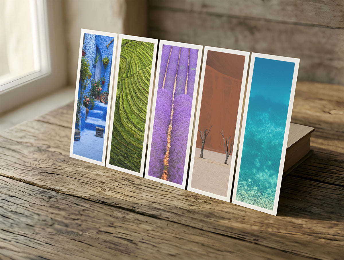 Five Colors of the World fine art bookmarks in a row in soft window light