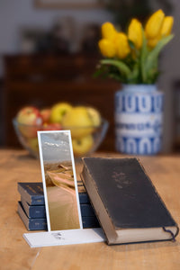 Copper Dunes fine art bookmark styled with a dark book and fresh fruit