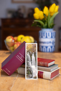 Dardagna Waterfall fine art bookmark beside a stack of vintage books