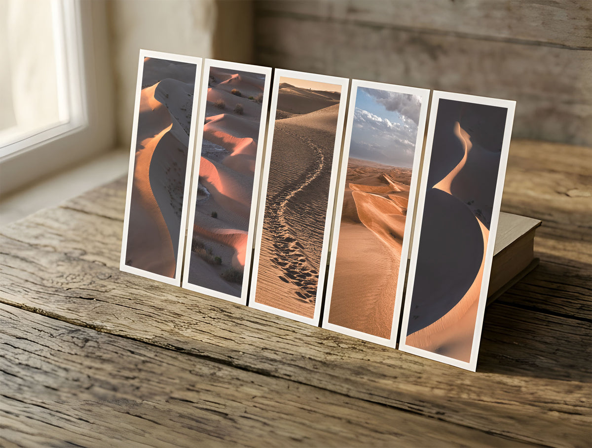 Five Deserts fine art bookmarks in a row in soft window light