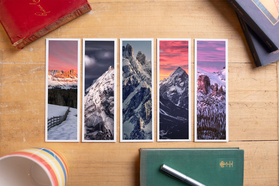 Dolomites fine art bookmark set displayed with vintage books