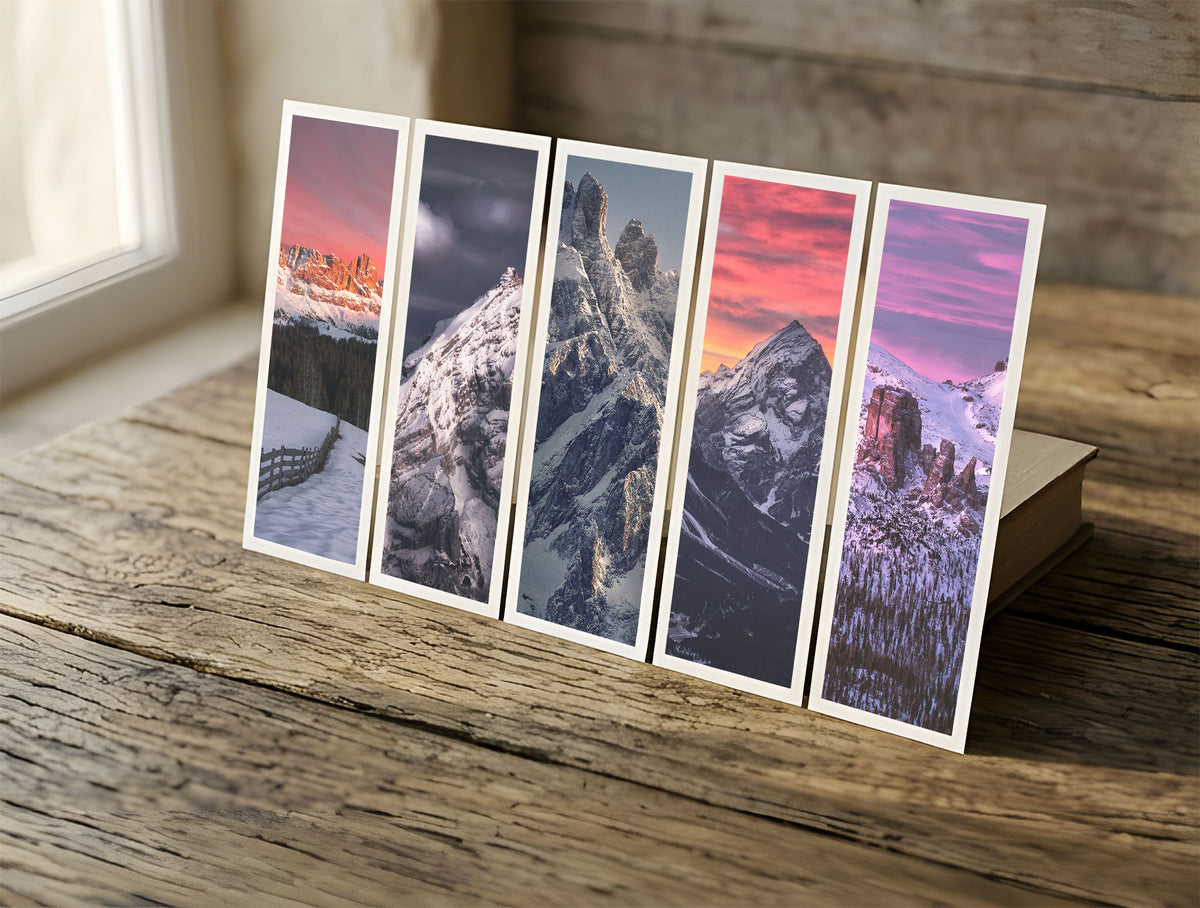 Five Dolomites fine art bookmarks in a row in soft window light