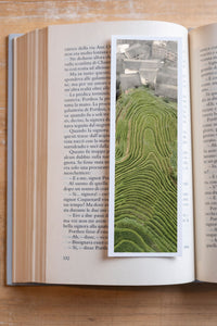 Dragon's Backbone fine art bookmark resting in an open book, close-up