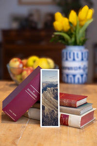 Dragon's Teeth fine art bookmark beside a stack of vintage books