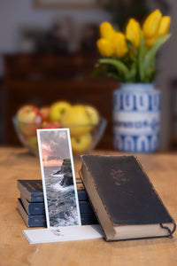 Edge of the World fine art bookmark styled with a dark book and fresh fruit