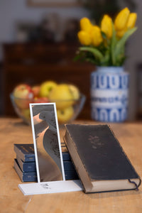 Fire Tongue fine art bookmark styled with a dark book and fresh fruit