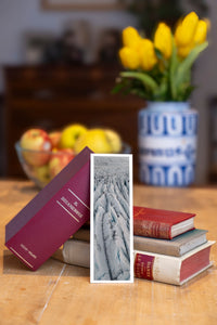 Frozen Veins fine art bookmark beside a stack of vintage books