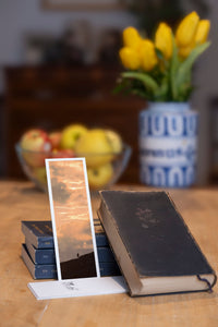 Golden Rise fine art bookmark styled with a dark book and fresh fruit