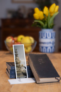 Golden Summit fine art bookmark styled with a dark book and fresh fruit