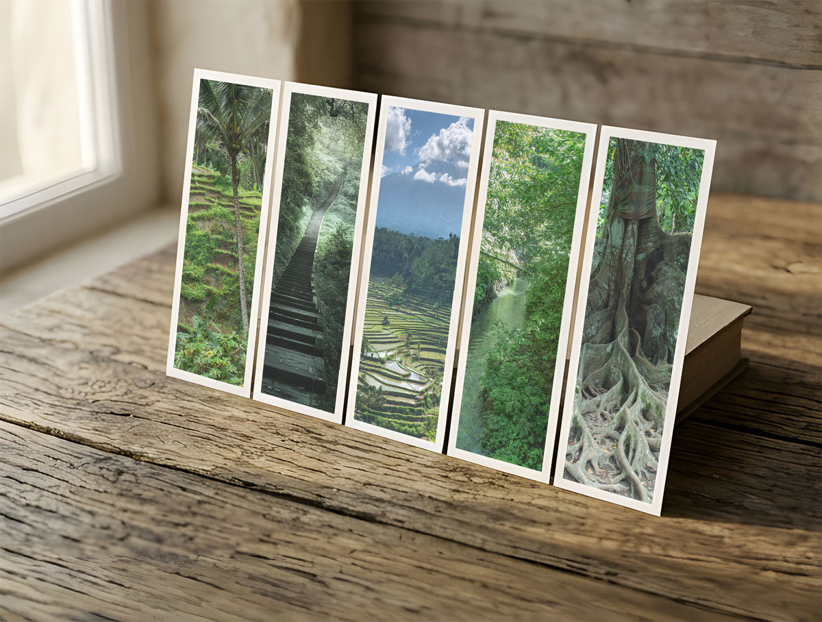 Five Jungle fine art bookmarks in a row in soft window light