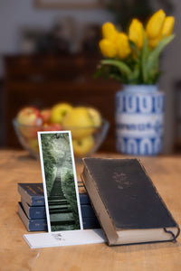 Jungle Stairway fine art bookmark styled with a dark book and fresh fruit