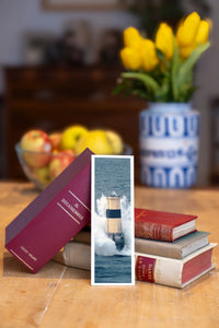 Last Hope fine art bookmark beside a stack of vintage books