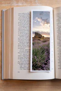 Lavender Farmer fine art bookmark resting in an open book, close-up