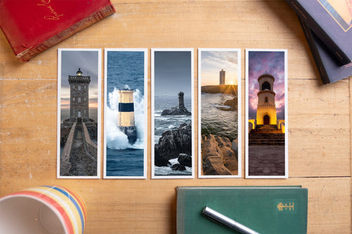 Lighthouses fine art bookmark set displayed with vintage books