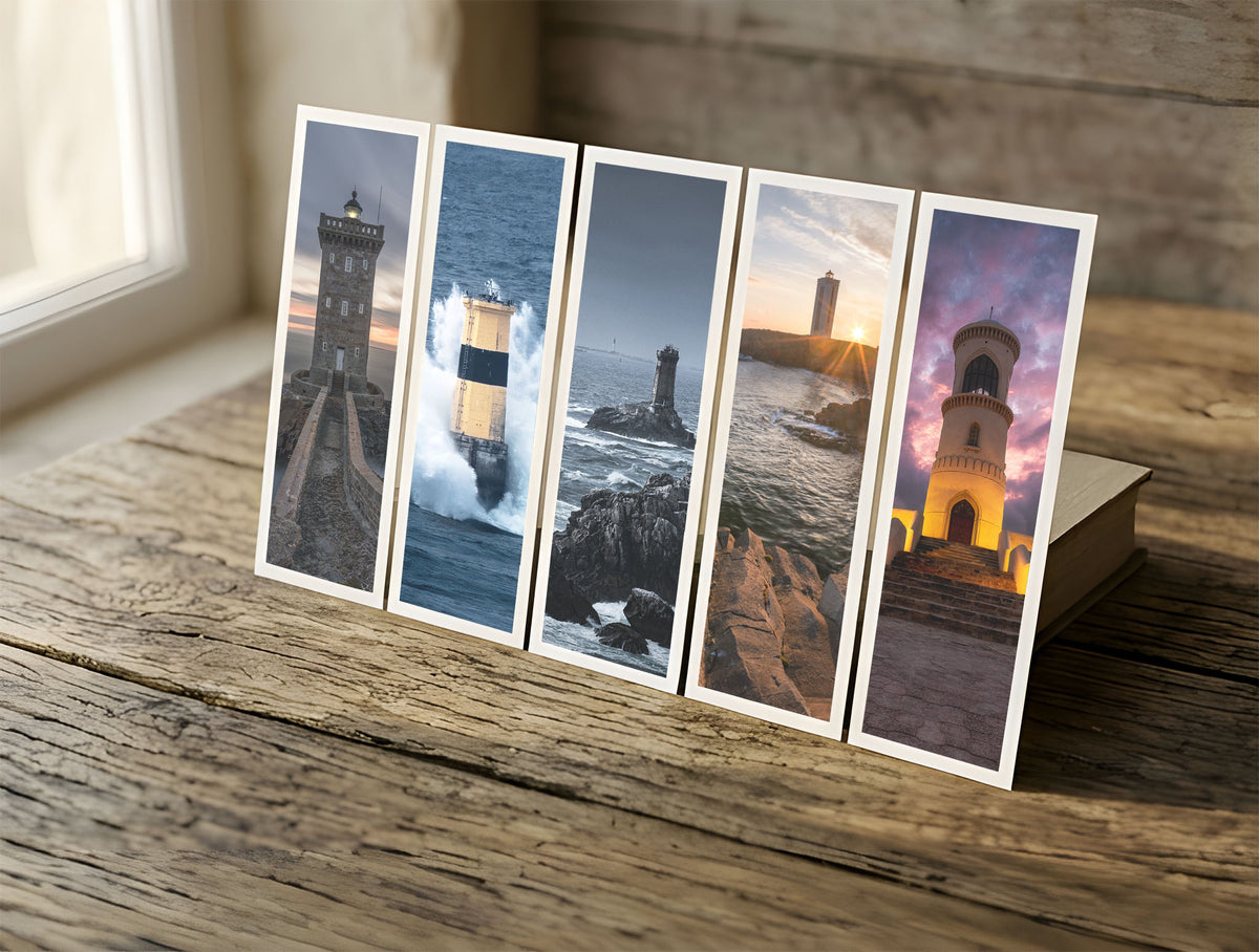 Five Lighthouses fine art bookmarks in a row in soft window light