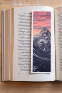 Lonely Mountain fine art bookmark resting in an open book, close-up
