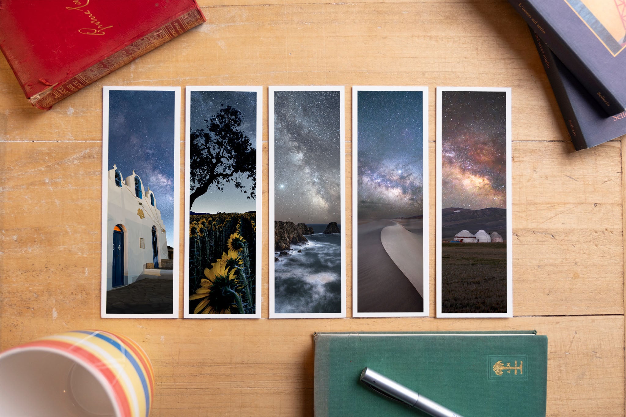 Milky Way fine art bookmark set displayed with vintage books