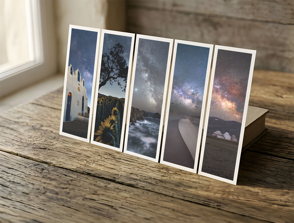 Five Milky Way fine art bookmarks in a row in soft window light