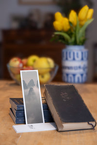 Misty Spires fine art bookmark styled with a dark book and fresh fruit