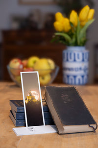 Moonlight Dance fine art bookmark styled with a dark book and fresh fruit