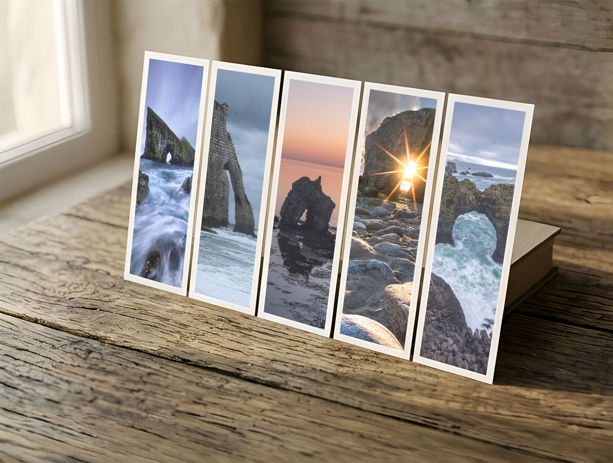 Five Natural Arches fine art bookmarks in a row in soft window light