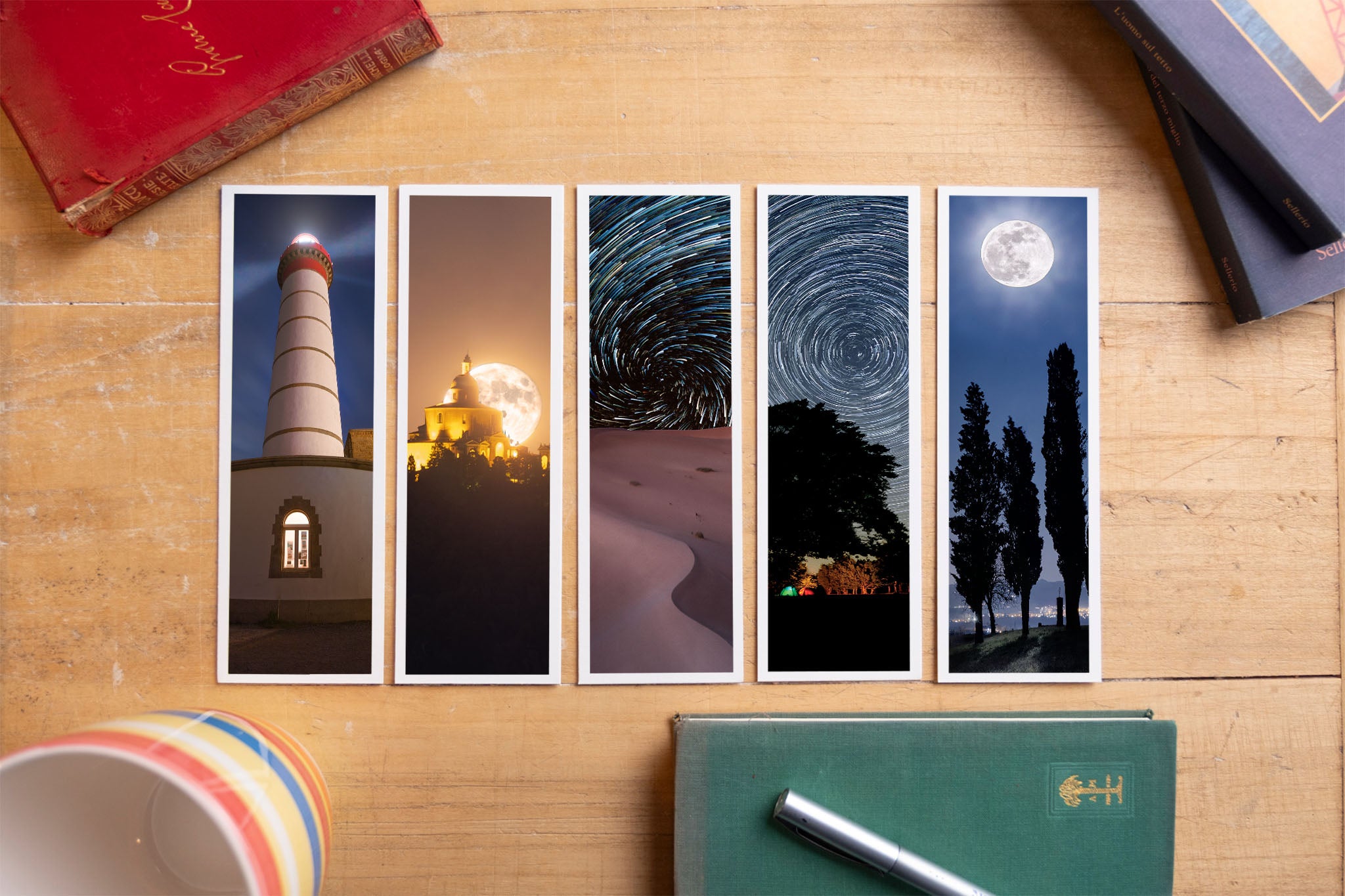 Night Watch fine art bookmark set displayed with vintage books