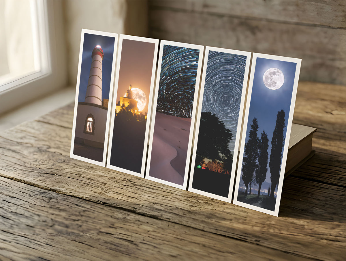 Five Night Watch fine art bookmarks in a row in soft window light