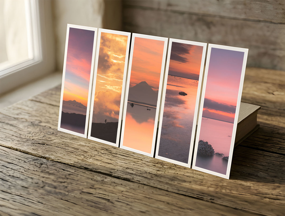 Five Pastel Skies fine art bookmarks in a row in soft window light