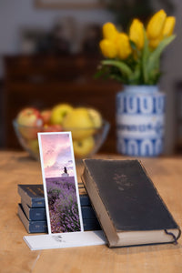 Purple Breeze fine art bookmark styled with a dark book and fresh fruit