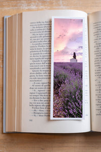 Purple Breeze fine art bookmark resting in an open book, close-up