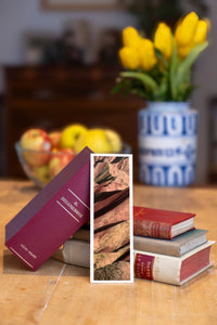 Rainbow Ridge fine art bookmark beside a stack of vintage books