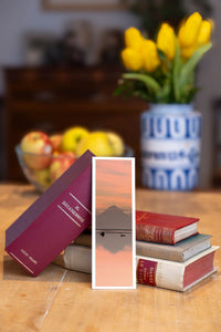 Reflection Twins fine art bookmark beside a stack of vintage books