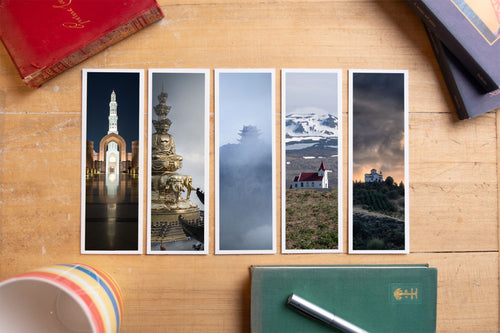 Sanctuaries fine art bookmark set displayed with vintage books