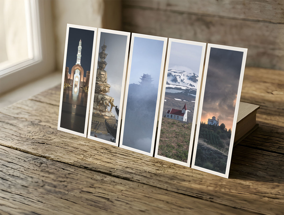 Five Sanctuaries fine art bookmarks in a row in soft window light