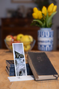 Sea Gate fine art bookmark styled with a dark book and fresh fruit
