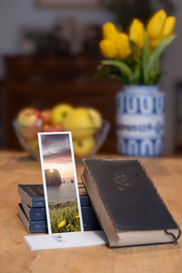 Sea Pillars fine art bookmark styled with a dark book and fresh fruit