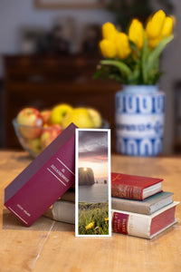 Sea Pillars fine art bookmark beside a stack of vintage books