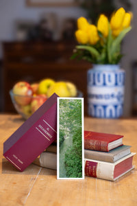 Secret Jungle fine art bookmark beside a stack of vintage books