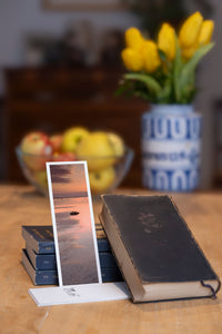 Silent Low Tide fine art bookmark styled with a dark book and fresh fruit