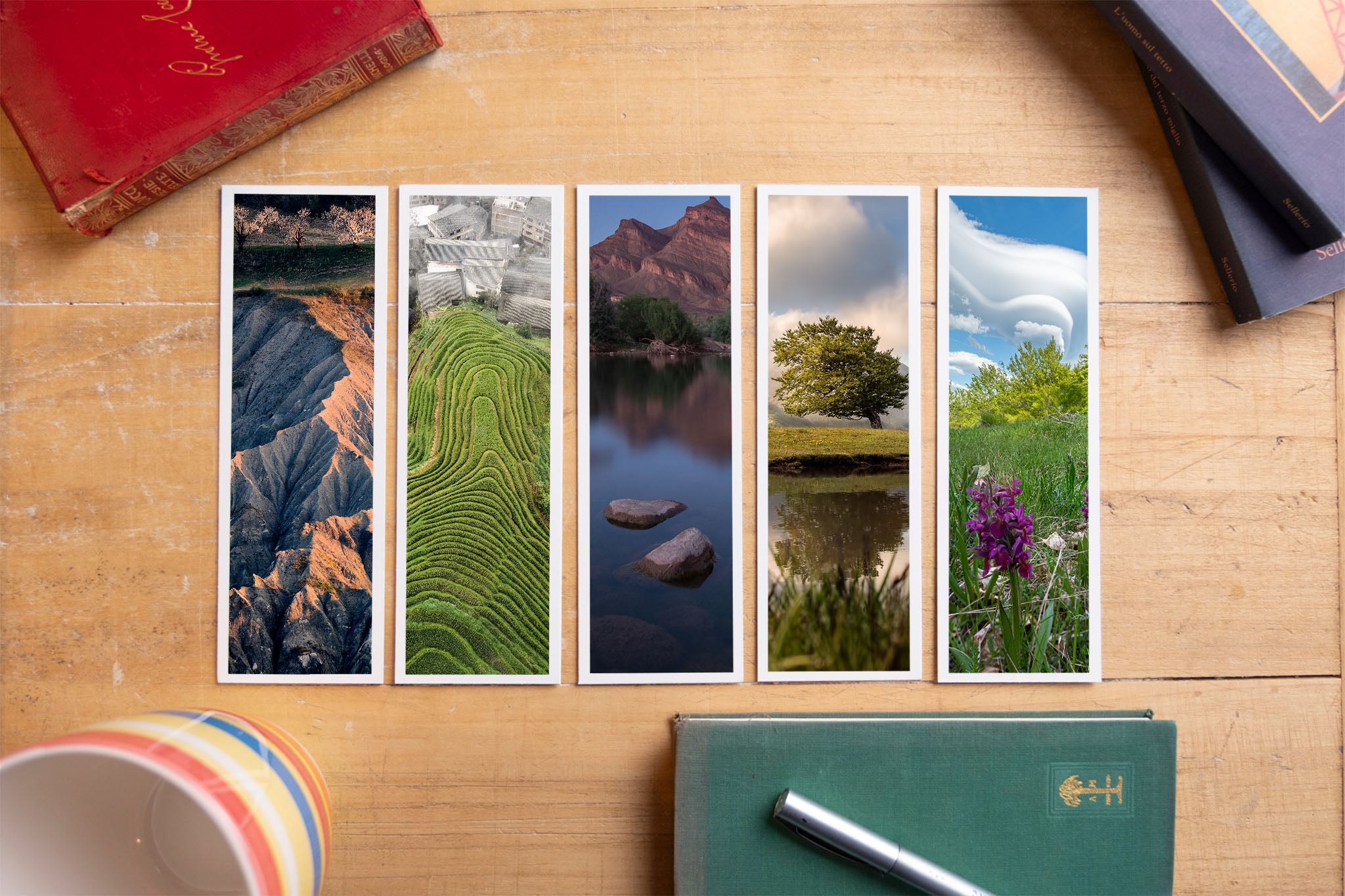 Spring fine art bookmark set displayed with vintage books