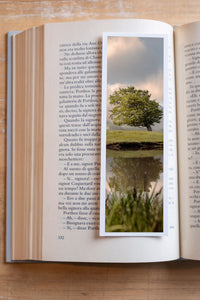 Spring Reflections fine art bookmark resting in an open book, close-up