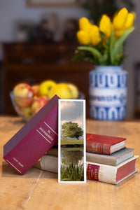 Spring Reflections fine art bookmark beside a stack of vintage books