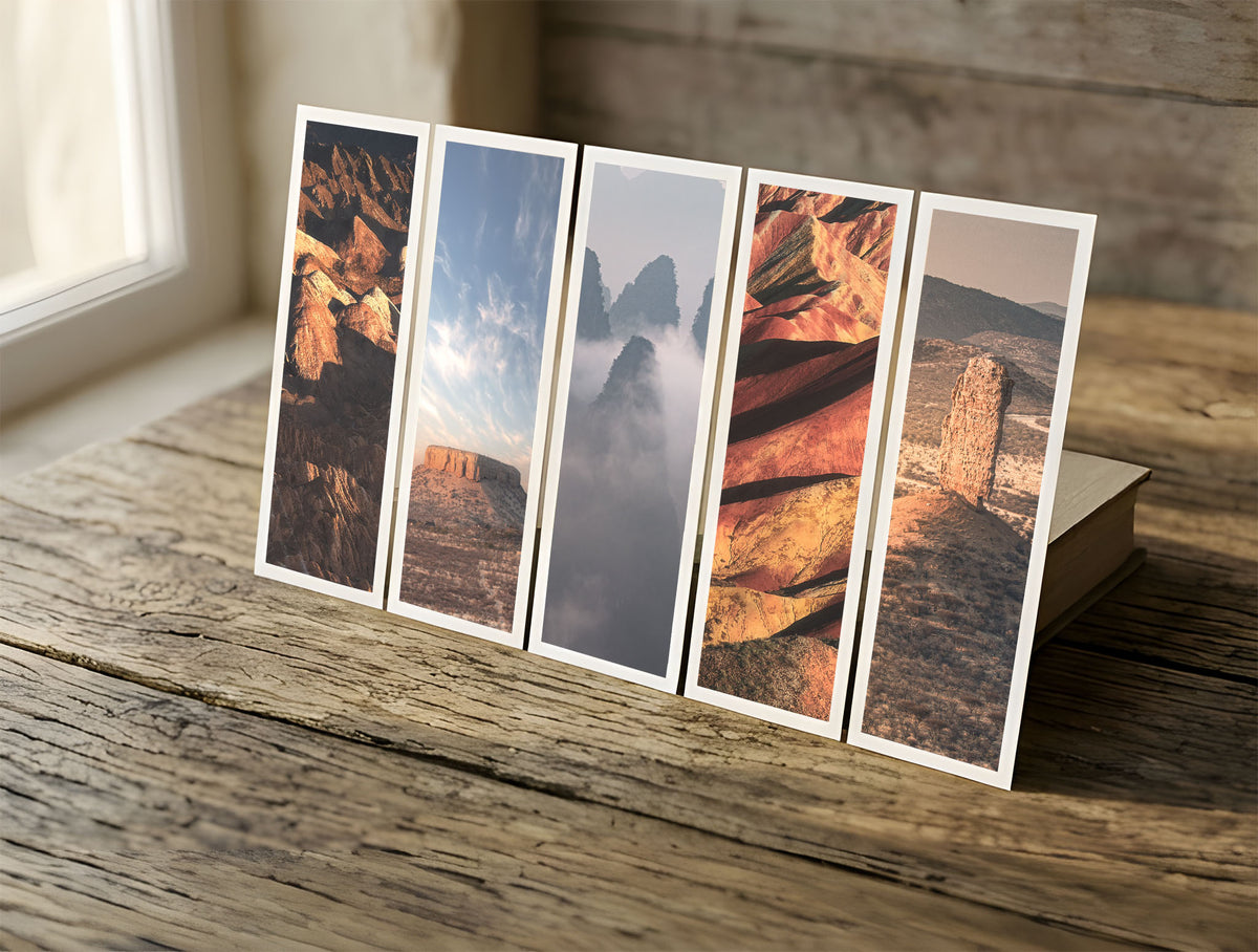 Five Stone Sentinels fine art bookmarks in a row in soft window light